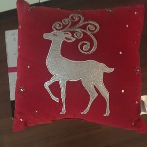 NW ST NICHOLS SILVER REINDEER RED VELVET PILLOW